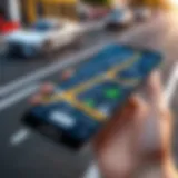 Smartphone displaying a car location app on a busy street