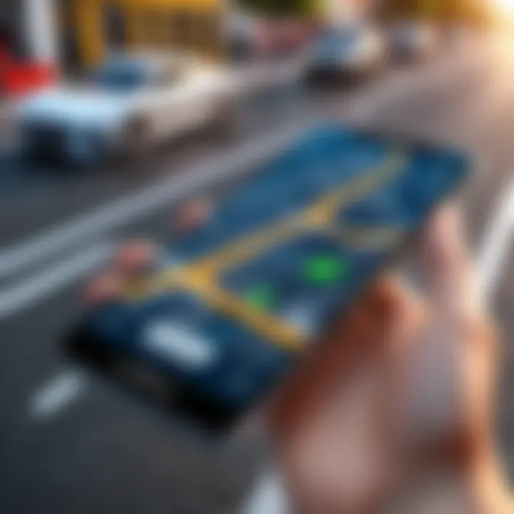 Smartphone displaying a car location app on a busy street