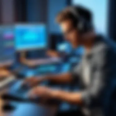 Musician in Action at Digital Workstation Musician working on digital audio workstation