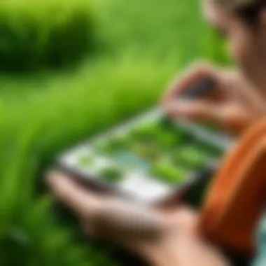 A person examining grass with the help of an app in a garden.