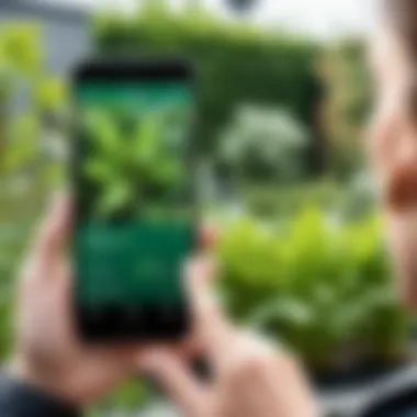 User engaging with a plant disease identification app on a smartphone in a garden setting