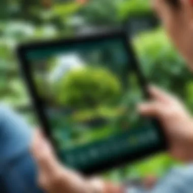 A user interacting with a tablet in a botanical garden while using a tree identification app.