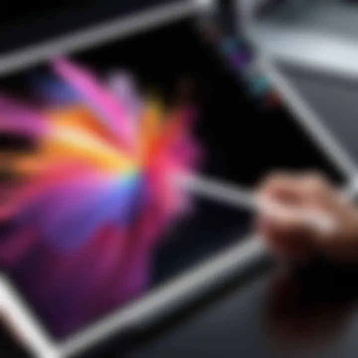 A close-up of the Apple Pencil resting on the screen of the 2021 iPad Pro showcasing a digital artwork