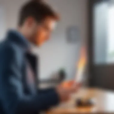 Discreet Usage of a Burner Phone A person discreetly using a burner phone in a public setting