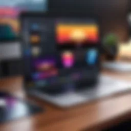 A sleek MacBook displaying a music player interface with vibrant album art.