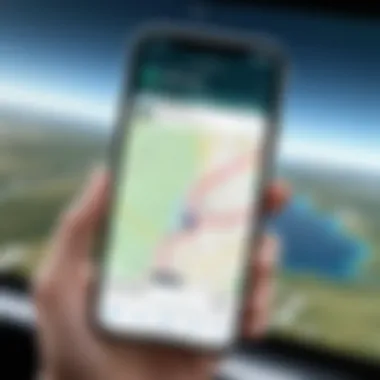 User navigating with a satellite map app on an iPhone