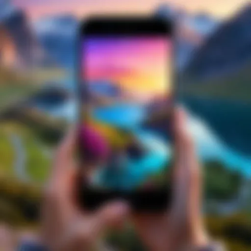 A vibrant scene capturing the essence of creativity with an iPhone in hand, showcasing a beautiful landscape.