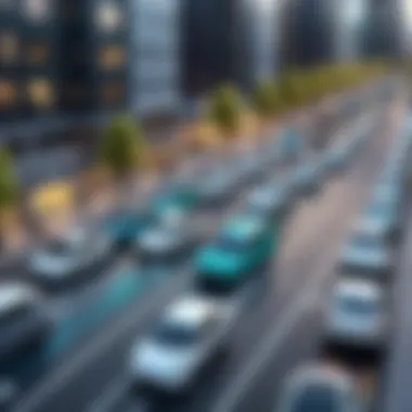 Urban Integration of License-Free Electric Vehicles A cityscape depicting electric cars in urban transport