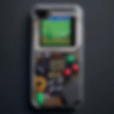 Close-up of a phone case showcasing pixel art reminiscent of Game Boy games