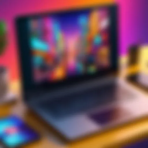 A vibrant scene showcasing a variety of laptop games on a desk with a colorful background.