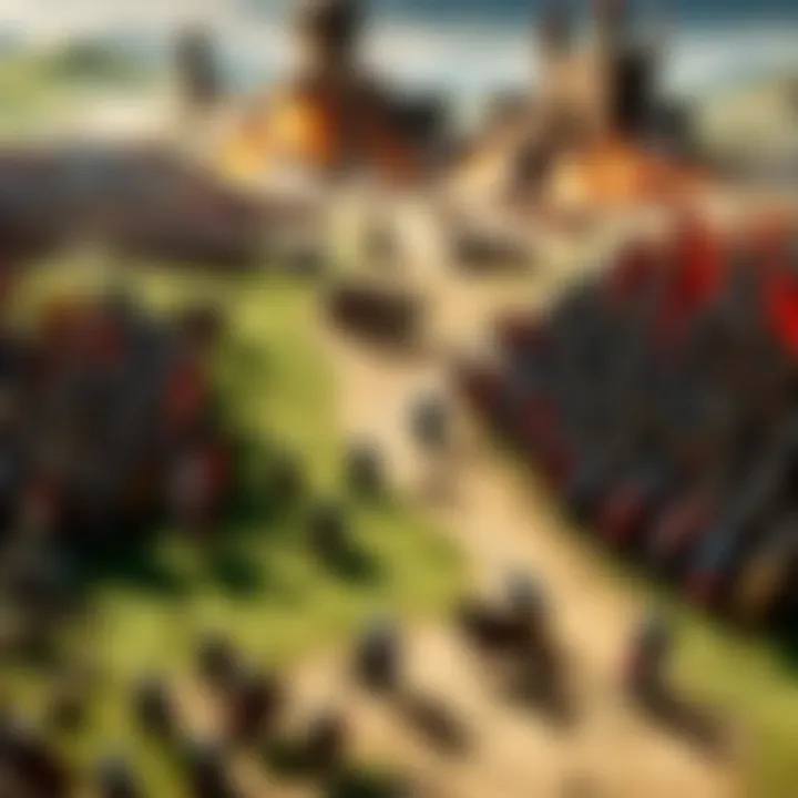 A strategic gameplay scene showcasing a medieval battle