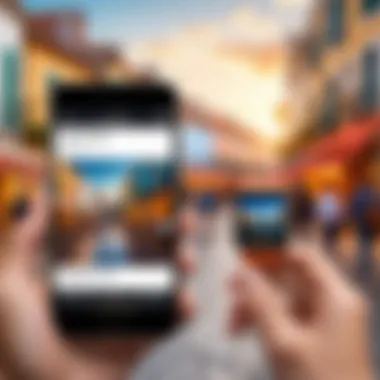 Enhancing Travel Experiences User interacting with a camera translator app in a tourist setting
