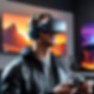 Immersive Virtual Reality Experience An illustration of a user immersed in a virtual reality gaming experience.