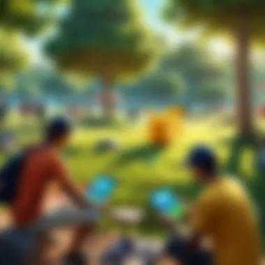 Players Engaging Outdoors A group of players engaging with Pokémon scanner apps in a vibrant outdoor setting.