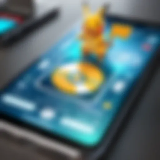 A close-up view of a smartphone displaying a Pokémon scanner app interface with augmented reality elements.