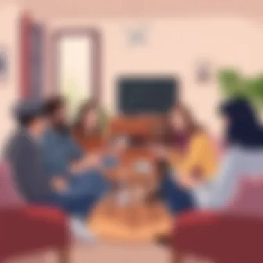 Card Game with Friends A cozy living room scene where friends are engaged in card games, sharing laughter.