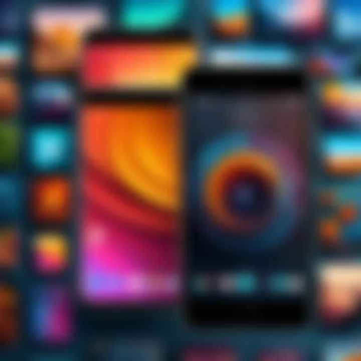 An artistic representation of a smartphone screen displaying various styles of live wallpapers.