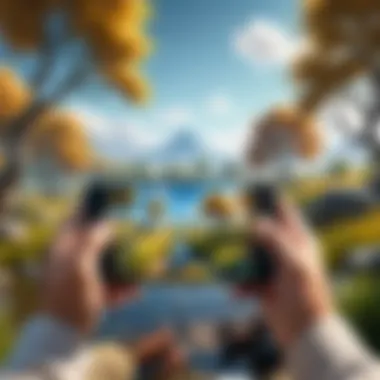 A serene landscape depicting a person enjoying a mobile game in nature