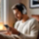 User enjoying an audiobook on iPhone in a cozy setting