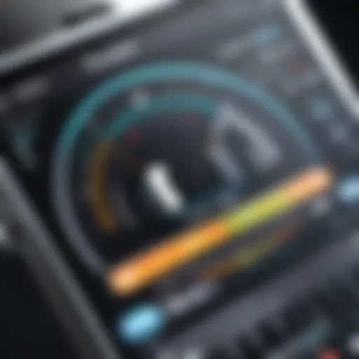 A close-up of a bass guitar tuner app interface displaying precise tuning metrics