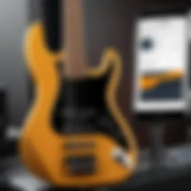 Bass Guitar and Tuner App A bass guitar resting on a stand next to a smartphone displaying a tuning app