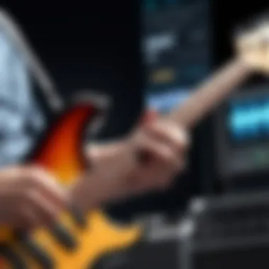 A musician using a bass guitar tuner app during a live performance