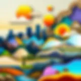 A vibrant digital collage showcasing a blend of landscapes and abstract elements