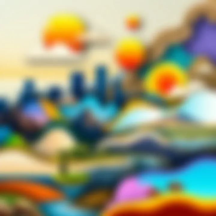 Artistic Blend of Landscapes A vibrant digital collage showcasing a blend of landscapes and abstract elements