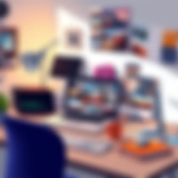 Inspiring Creative Workspace A creative workspace with a laptop and colorful prints of photo collages