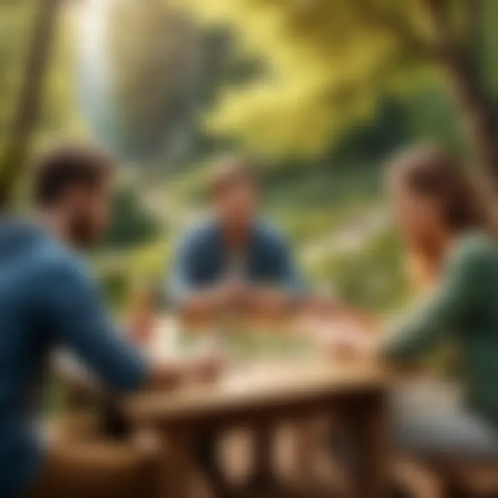 A serene outdoor setting where individuals are engaged in a card game