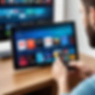 Using a Universal Remote App on a Tablet User interacting with a universal remote app on a tablet