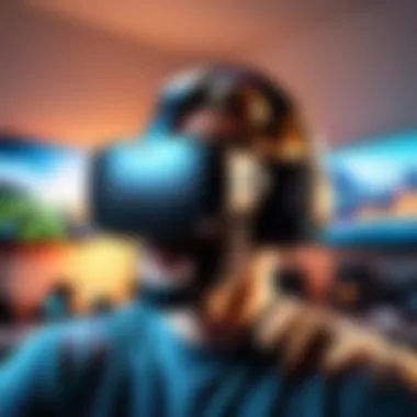 Immersive Gaming Experience Immersive virtual reality gaming setup with headset and controllers