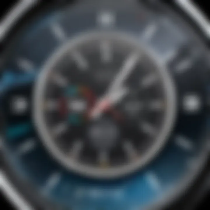 A visually appealing smartwatch interface presenting various functional watch faces