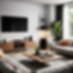 A stylish, organized living room showcasing a designated spot for the TV remote.