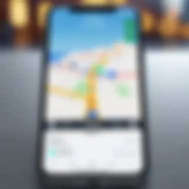 An iPhone displaying a GPS navigation interface with a clear map and route