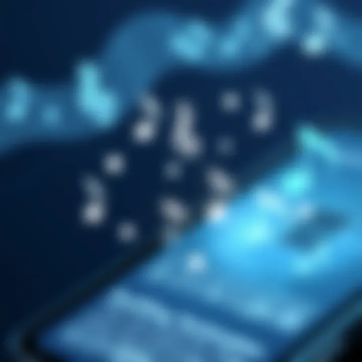 Technology Enabling Song Identification A close-up of musical notes flowing from a smartphone