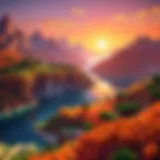 A stunning landscape from the Minecraft Java Demo showcasing a vibrant sunset over a pixelated terrain.