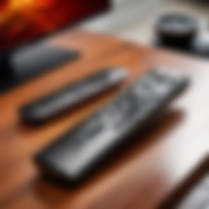 Close-up view of an Insignia Fire TV remote on a coffee table