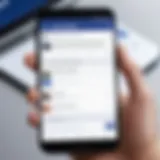 A smartphone displaying the Facebook app with search options highlighted