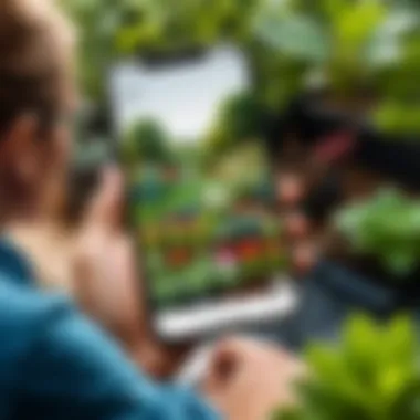 Group of diverse individuals using plant checking apps in a garden.