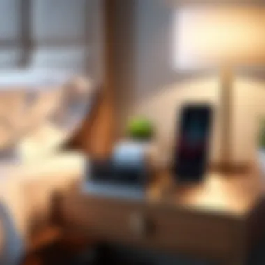 A serene bedroom with an iPhone on the bedside table