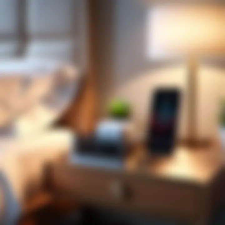 A serene bedroom with an iPhone on the bedside table