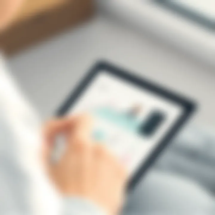 Close-up of a user engaging with a fitness app on a tablet.