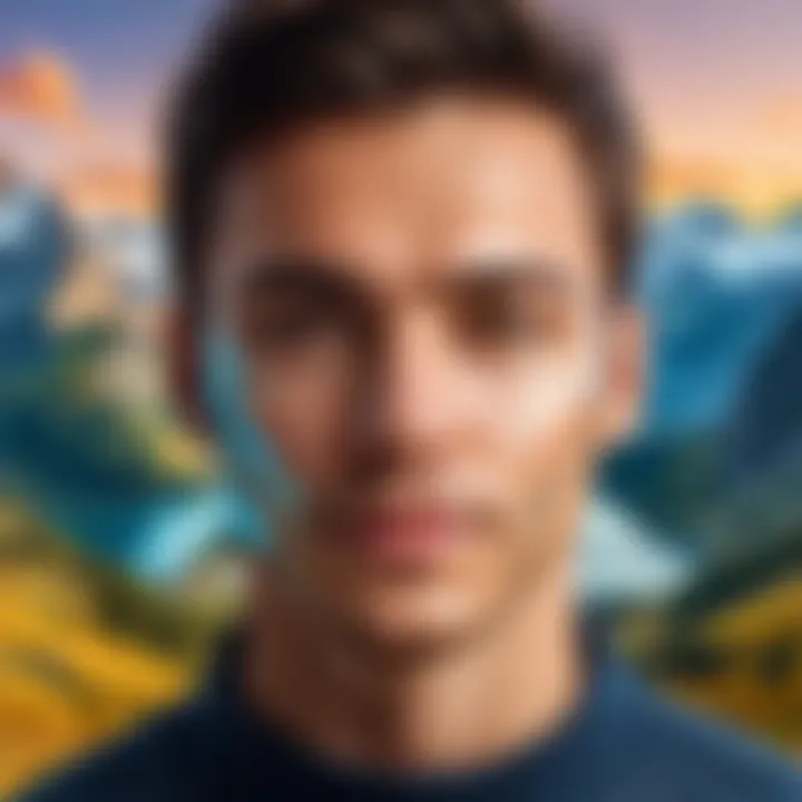 An artistic representation of facial overlays on a scenic background